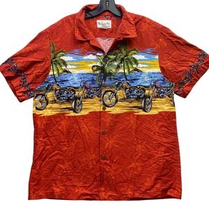 Vintage Bishop St. Shirt Mens Large Hawaiian Motorcycle AOP Wrap Around Festival